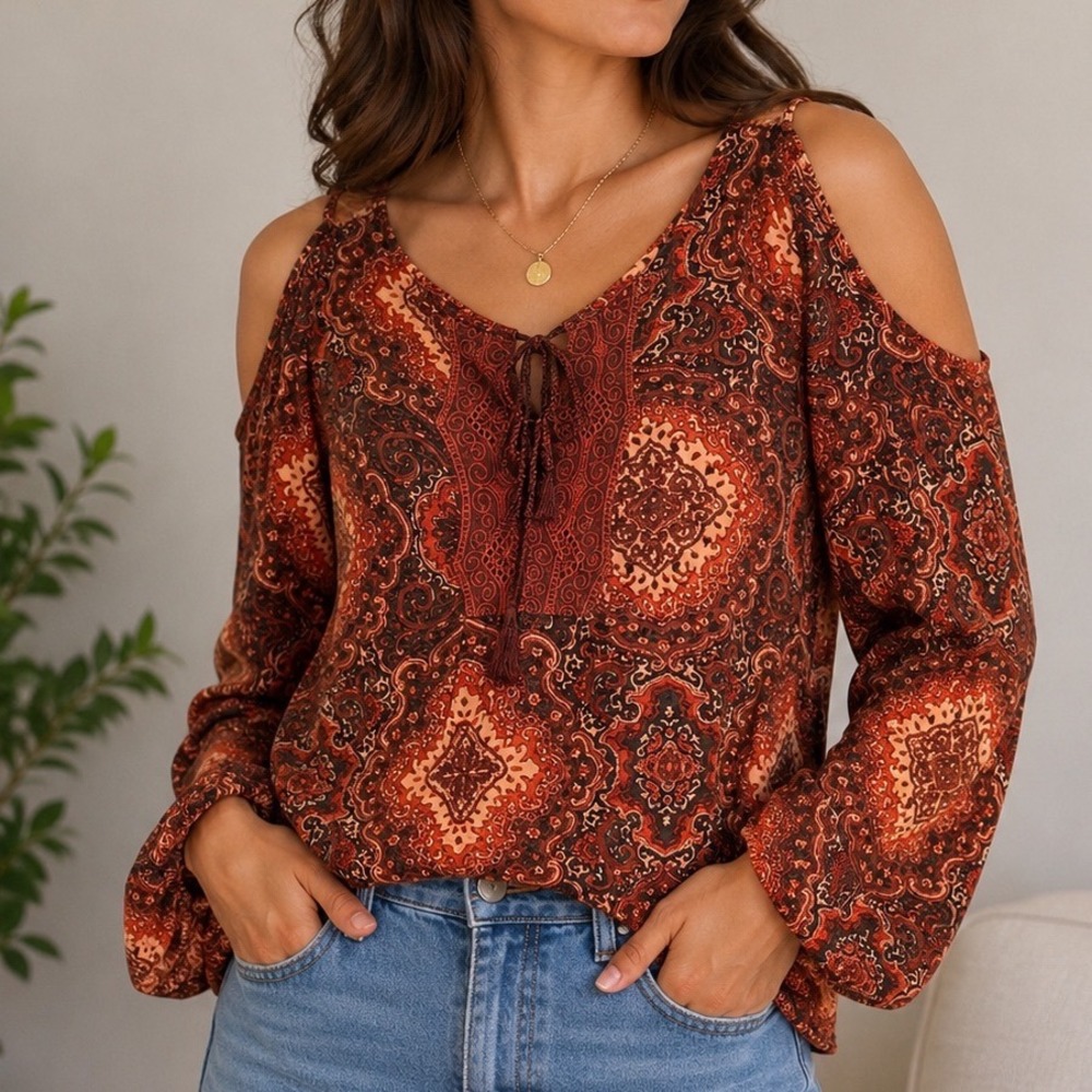 Lucky Brand Cold Shoulder Boho Blouse Women's S Paisley Tassel Festival Top Y2K